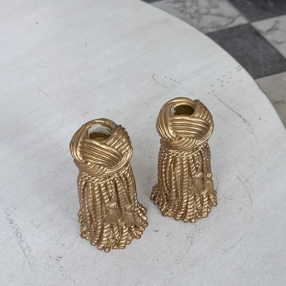 Vintage Hollywood Regency Resin Tassel Candle Holder Set Mid Century Draper Gold